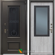Уличные двери с терморазрывом - Входная уличная дверь с терморазрывом Лекс Термо Айсберг 3К с окном и ковкой (Муар коричневый / Сосна белая)