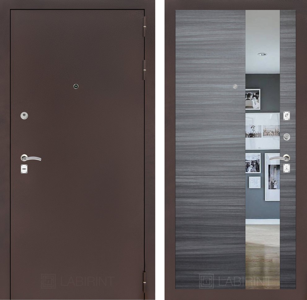 Входные двери с ЗЕРКАЛОМ - CLASSIC антик медный с Зеркалом - Сандал серый горизонтальный