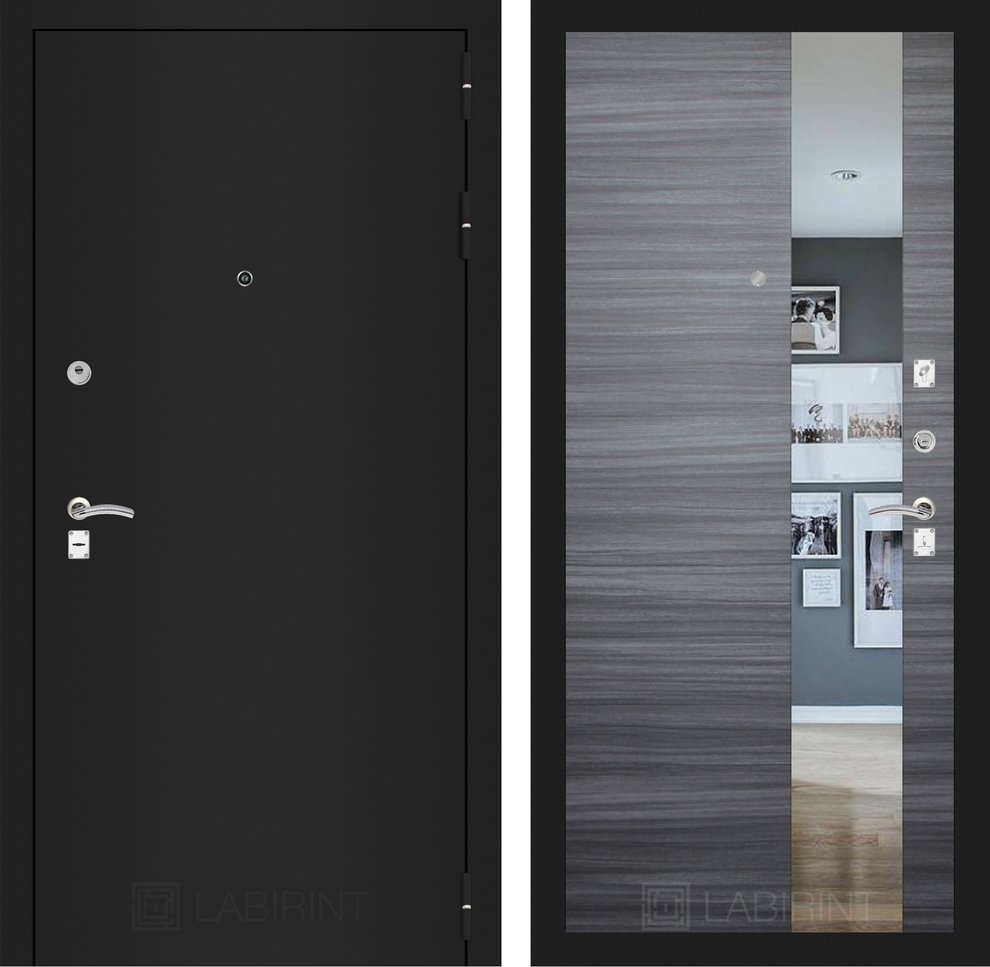 Входные двери с ЗЕРКАЛОМ - Входная дверь CLASSIC шагрень черная с Зеркалом - Сандал серый горизонтальный