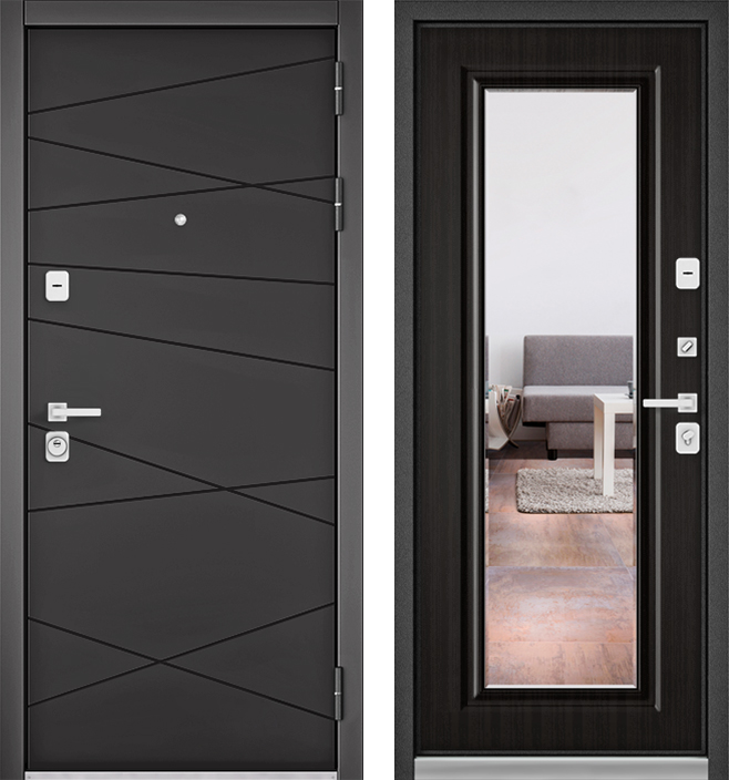 Входные двери БУЛЬДОРС - Стальная дверь Бульдорс Premium 90 РР графит софт / шамбори тёмный-зеркало 9S