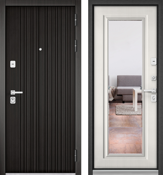 Входные двери БУЛЬДОРС - Стальная дверь Бульдорс Premium 90 РР ларче тёмный / шамбори светлый-зеркало 9S